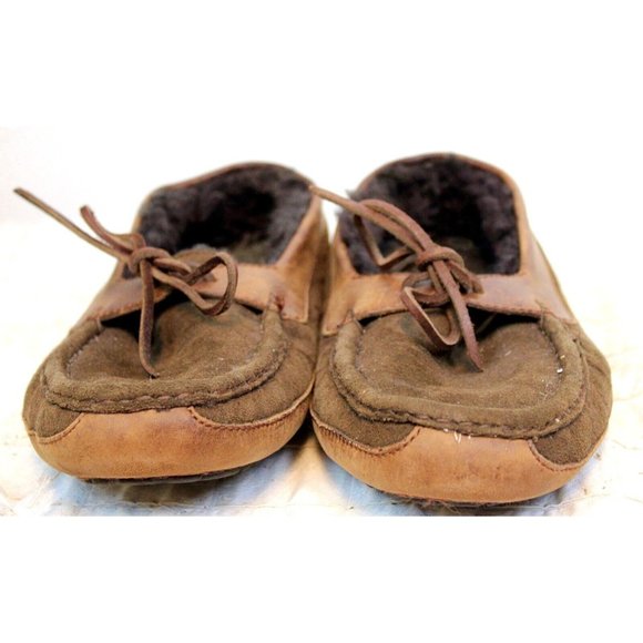 Ugg House Slippers Boat Style Sherpa Fur Lined Mens Rubber Soles sz 8 Brown - Picture 2 of 11